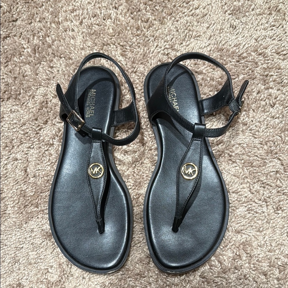 Michael Kors Black T-Strap Sandals with Gold Detail